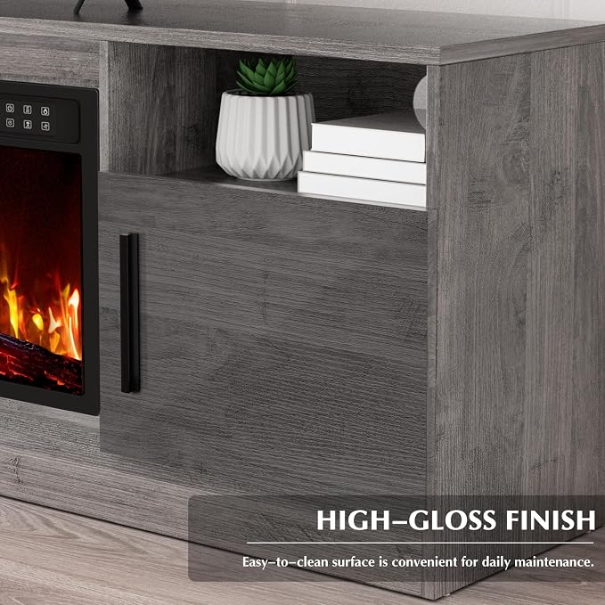 LEMBERI 70" Fireplace TV Stand for TVs up to 80", 36" Electric Fireplace 750W/1500W Entertainment Center with 20-Color LED, 300lbs Max Capacity High Gloss Storage Cabinet Console, Gray