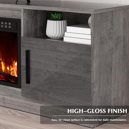 LEMBERI 70" Fireplace TV Stand for TVs up to 80", 36" Electric Fireplace 750W/1500W Entertainment Center with 20-Color LED, 300lbs Max Capacity High Gloss Storage Cabinet Console, Gray