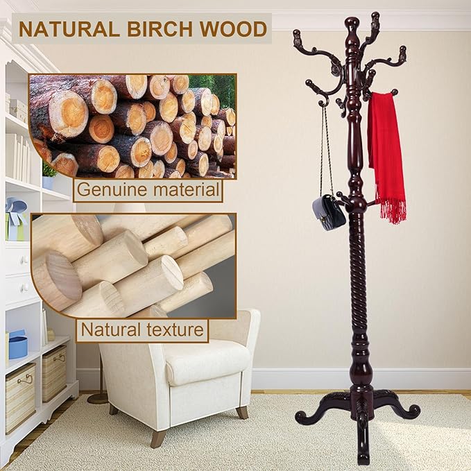 Coat Rack Freestanding with 18 Hooks, Wooden Standing Coat Racks for Entryway, Solid Wood Clothes Hanger Rack with Sturdy Round Base for Entryway, Hall, Bedroom, Office, Hallway (Triangular base)