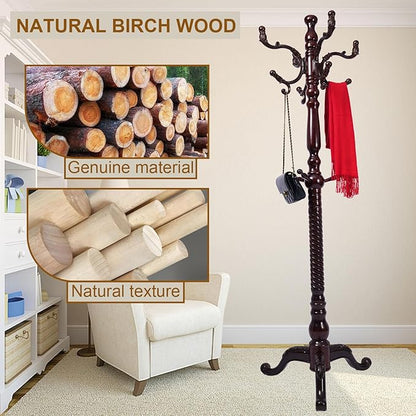 Coat Rack Freestanding with 18 Hooks, Wooden Standing Coat Racks for Entryway, Solid Wood Clothes Hanger Rack with Sturdy Round Base for Entryway, Hall, Bedroom, Office, Hallway (Triangular base)
