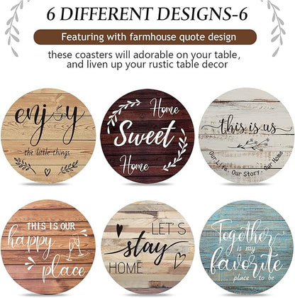 Queekay Coasters Set of 6 House Warming Gifts New Home Wooden Farmhouse Drink Coasters with Holder 4'' Funny Decoration for Kitchen Family Coffee Bar Tabletop Protection(Farmhouse Color)