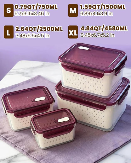 TBMax 8 Pieces Airtight Fruit Storage Containers for Fridge with Air Circulation Vent, 4 Pack Produce Saver with Colander for Berry Lettuce Salad Vegetable Storage, Refrigerator Organizers -Purple