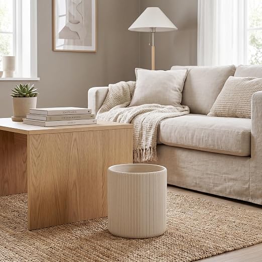 Bathroom Trash Can, 1.6 Gallon Small Trash Can Cabinet, Simple Stone Look Oval Office Garbage Bin, Decorative Waste Basket for Bedroom, Living Room, Kitchen - Beige & Vertical Stripe