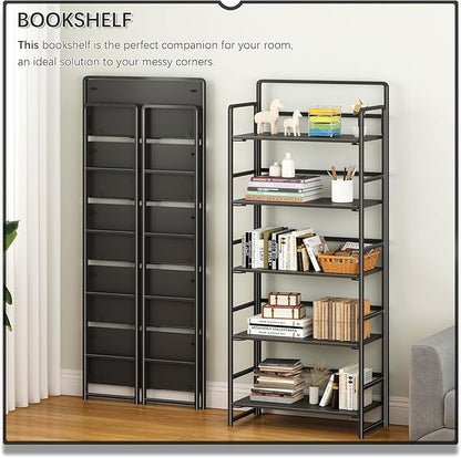 4NM No Assembly 5 Tiers Folding Bookshelf Storage Shelves Vintage Bookcase Standing Racks Study Organizer Home Office (All Black)