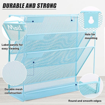 EASEPRES Desk File Organizer Mesh 4-Tier, Hanging Wall Mount Document Organization Stand, Desktop Vertical Mail Paper Folder Holder Rack with Bottom Tray for Office Home Cubicle Countertop, Blue
