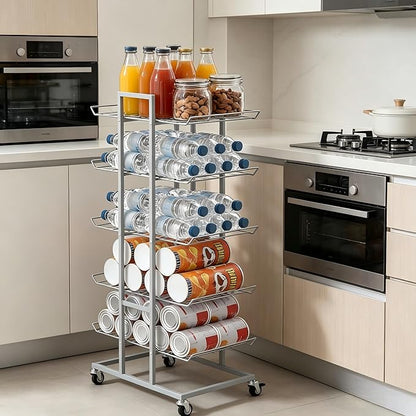 Water Bottle Organizer 5 Tier Water Bottle Holder Freestanding Storage Rack with Wheels Soda Can Organizer Shelf Stand for Floor Pantry Kitchen Classroom Food Storage, Black