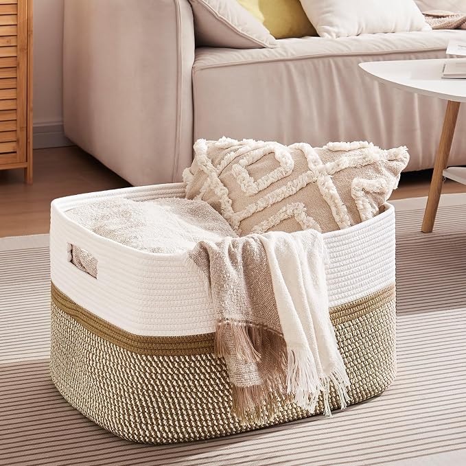 OIAHOMY Large Blanket Basket, 22”x17”x12” Rectangle Woven Baskets, Nursery Blanket Storage Living Room, Toy Storage With Handle, Large Baskets for Organizing-Yellow/White