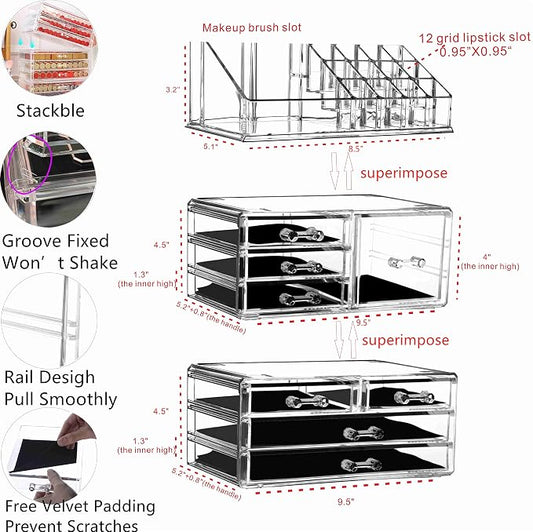 Cq acrylic 3 Pack Clear Makeup Organizer for Vanity,Countertop,Stackable 8 Drawers Cosmetic Storage for Hair Clip,Jewelry,Lipstick,Makeup Brush,Beauty Product Desk and Bathroom Skincare Organizers