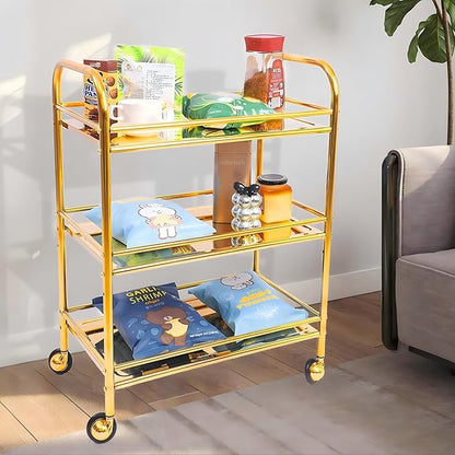 Gold 3 Tier Rolling Cart,Side Table with Wheels, Stainless Steel Trolley cart,End Table Living Room Coffee, Snack, and Bar, Easy Assembly Organizer Storage