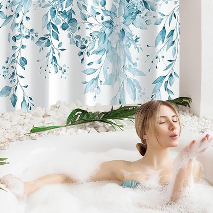 Gibelle Small Stall Shower Curtain 36 x 72, Narrow Half Spa Blue Floral Shower Curtain for Bathroom, Watercolor Plant Eucalyptus Leaves Fabric Shower Curtain Set