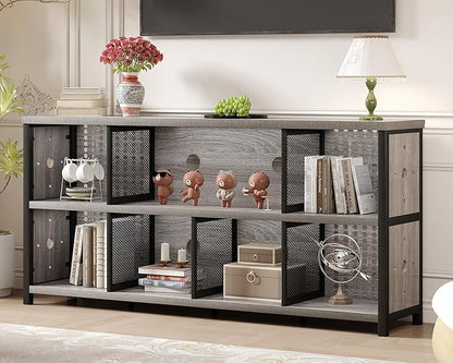 LVB Industrial 4 5 6 7 8 Cube Bookcase, Rustic Wood Metal Horizontal Bookshelf, Modern Wide Cube Organizer Storage Shelf, Large Long Low Book Shelf for Office Bedroom Living Room, Light Grey Oak 63 In
