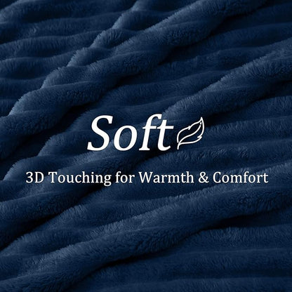 BEDELITE Fleece Throw Blanket for Couch - 300GSM Soft & Warm Fluffy Navy Blanket, Decorative and Giftable Striped Blankets for Women, Men, 50"x60"