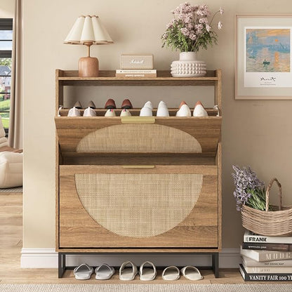 Maupvit Rattan Shoe Storage Cabinet with 2 Flip Drawers, Freestanding Shoe Organizer with Metal Legs for Entryway, Hidden Golden Handles, Narrow Shoe Rack Cabinet, Rustic Oak Rattan