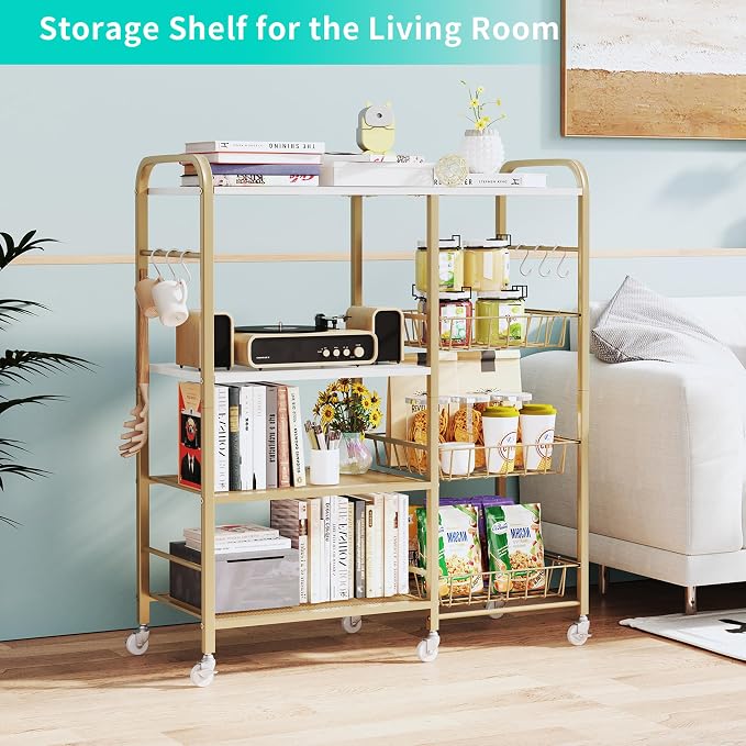 HapiRm Rolling Kitchen Microwave Cart - 4 Tier Microwave Table Stand with Pull-Out Baskets, Coffee Bar Baker's Rack with Wheels Rolling Storage Cart Organizer Shelf for Living Room Office, Balcony