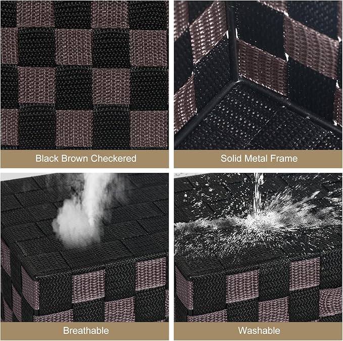 2-Pack Checker Pattern Woven Bins, 16” Ribbon Metal Wire Desk Organizer, Drawer Dresser Baskets, Countertop Toilet Paper Storage Containers (Black & Brown)