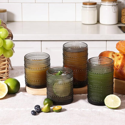 Moretoes Hobnail Drinking Glasses Set of 6, 12 Oz Highball Glasses & 10 Oz Cocktail Glasses, Clear Embossed Boho Glass Cups Kitchen Bar Tumbler Glassware Set for Whiskey, Beer, Juice, Milk (Gray)