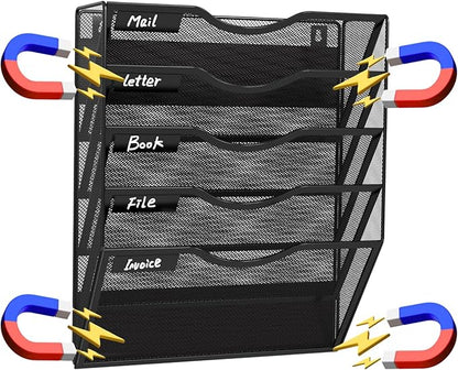 Magnetic 5 Pocket Wall File Organizer, Mesh Hanging Wall Mounted Document Paper Filing Magazine Rack with Nametag Label for Office Home School, 5 Tier Black