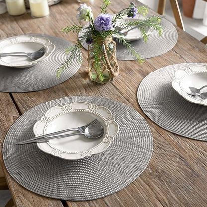 FunWheat Round Braided Placemats Set of 8 Place Mats for Dining Table Woven Washable Non-Slip Table Mats 15 Inch(Grey,8pcs)