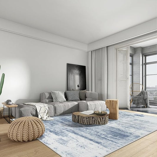 4x6 Area Rugs Washable Rug: Modern Abstract Living Room Rug Soft Anti-Skid Thin Carpet Indoor Floor Non-Shedding Carpets for Bedroom Dining Room Farmhouse Nursery Home Office - Blue White