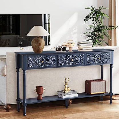 55.5" Carved Console Table with 3 Drawers, 2-Tier Sofa Table with Glossy Floral Surface and Solid Wood Legs, Mid-Century Modern Entryway Table for Living Room Hallway (Midnight Blue)