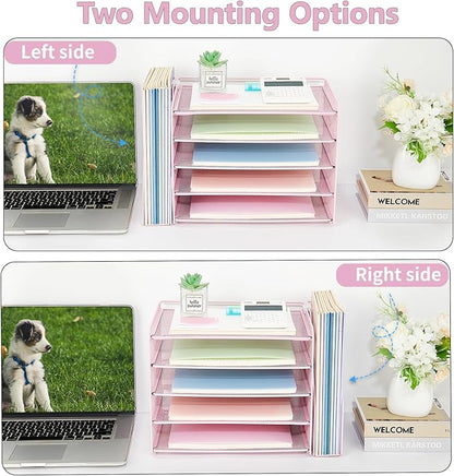 OPNICE Desk Organizer, 5-Tier Paper Organizer Letter Tray with Magazine Holder, Office Desk Accessories & Workspace Organizers, Desktop File Organizer for Office Supplies Storage, Pink