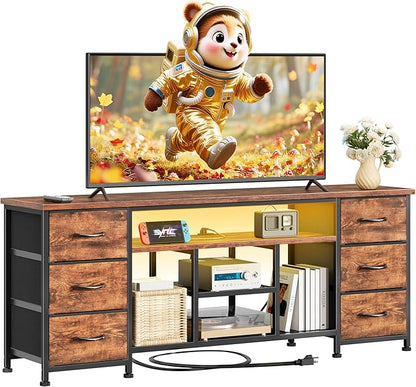 Furologee LED TV Stand for 55, 60 Inch TV, 55 Inch Entertainment Center with Power Outlets, 6 Drawers for Media Console with Open Shelves, Rustic Brown