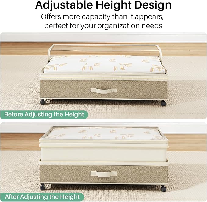 Kitstorack 2Pack Height-adjustable Under Bed Storage with Wheels, Under Bed Storage Containers,Under Bed Shoe Storage Organizer with Clear Window&Label, Suitable for Clothes Storage, Beige & Linen