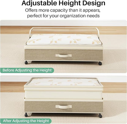 Kitstorack 2Pack Height-adjustable Under Bed Storage with Wheels, Under Bed Storage Containers,Under Bed Shoe Storage Organizer with Clear Window&Label, Suitable for Clothes Storage, Beige & Linen