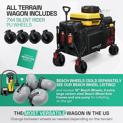 TerrainGO Foldable Utility Wagon Cart with Interchangeable All Terrain Wheels Patent Pending Collapsible Beach Wagon - Camping Essentials with Cooler Pouch, Storage Pockets, and Cup Holders