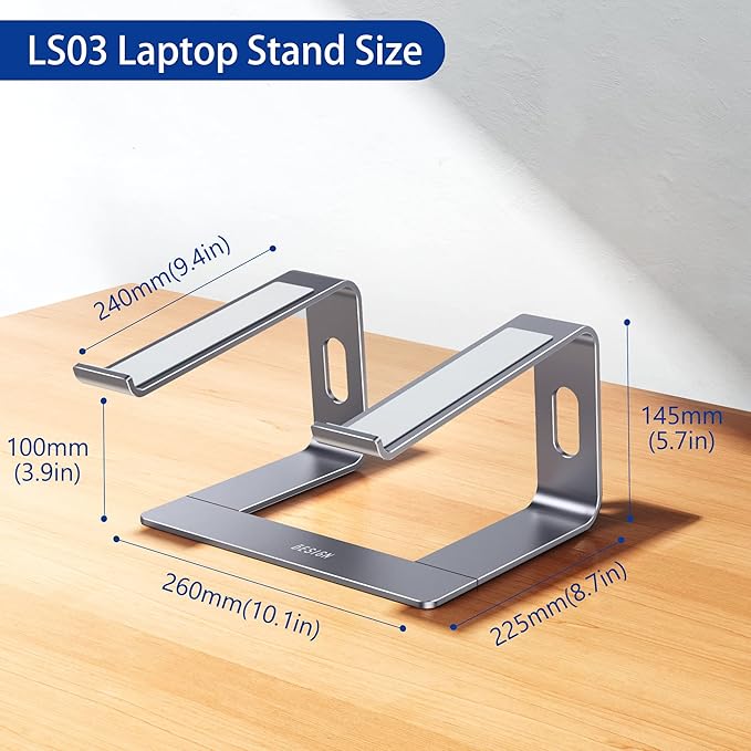 BESIGN LS03 Aluminum Laptop Stand, Ergonomic Detachable Computer Stand, Notebook Holder, Laptop Mount Compatible with Air, Pro, Dell, HP, Lenovo More 10-15.6" Laptops, Space Gray