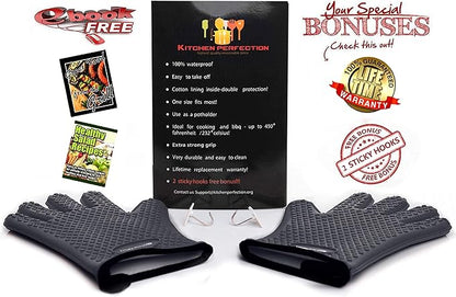 KITCHEN PERFECTION Silicone Smoker Oven Gloves -Extreme Heat Resistant BBQ Gloves -Handle Hot Food Right on Your Smoker Grill Fryer Pit|Waterproof Oven Mitts Grill Gloves |Superior Value Set+3 Bonuses