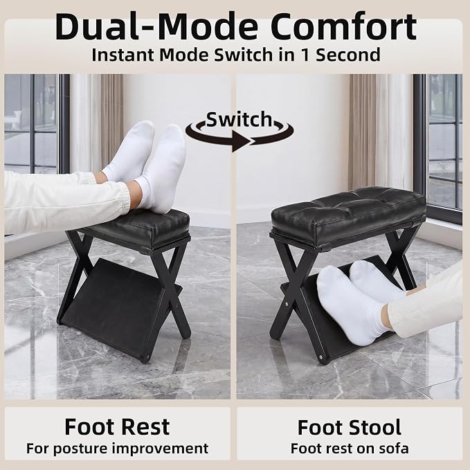 Double Step Foot Stool Under Desk, Wooden Ergonomic Foot Rest with Non-Slip EVA Surface, Office Footstool for Posture Support, Home Office Gaming Desk Foot Rest for Adults-Black