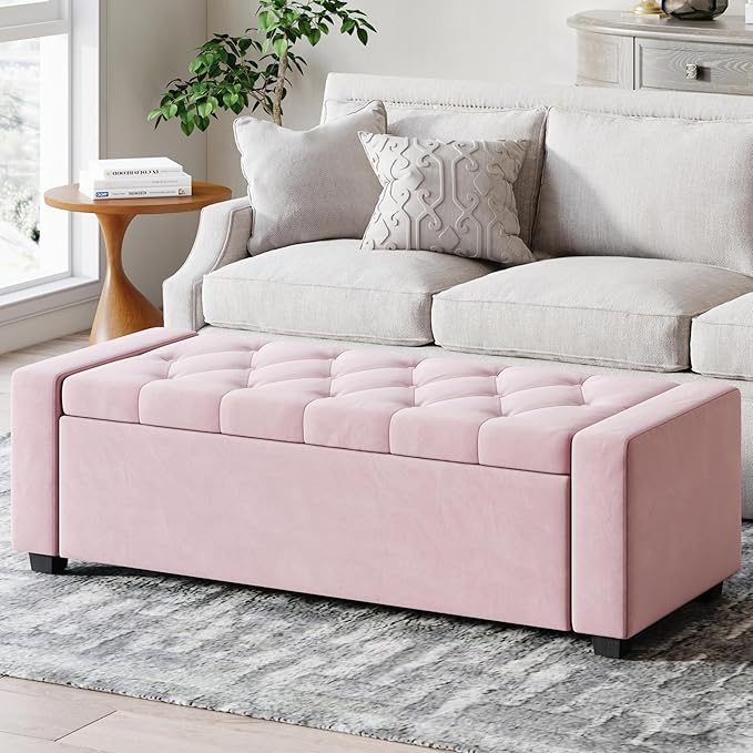 Storage Ottoman Bench,Large Entryway Ottoman with Storage, Rectangular Bench with Cushion and Safety Hinge for Living Room Bedroom