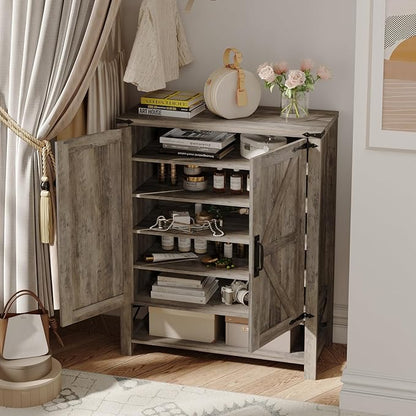 Maupvit 6-Tier Shoe Cabinet with Doors, Farmhouse Shoe Storage Cabinet with Adjustable Shelves, Shoe Shelf, Wooden Shoe Rack Organizer Cabinet for Entryway, Foyer, Hallway, Living Room, Grey