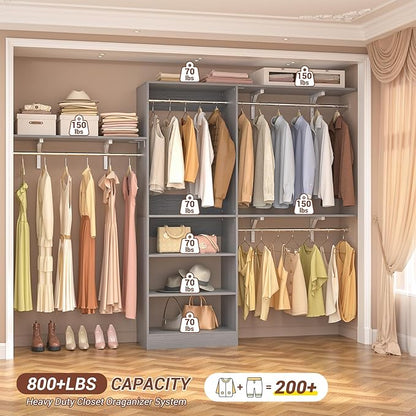 Armocity 96'' Closet System, 8FT Walk In Closet Organizer with 3 Shelving Towers, Heavy Duty Bedroom Wardrobe with 5 Shelves, Wall Mounted Clothes Rack (Can Be Cut To Fit), 96"L x 16"W x 75"H, Grey