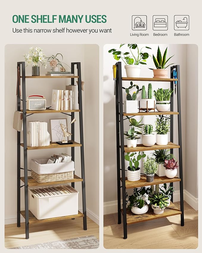 Ladder Shelf, Bookshelf Bookcase, Freestanding Corner Storage Shelve with 2 Hooks for Home Office, Living Room, Kitchen, Bedroom, Industrial, 11.8" D x 23.6" W x 63" H, Rustic Brown BC19301B