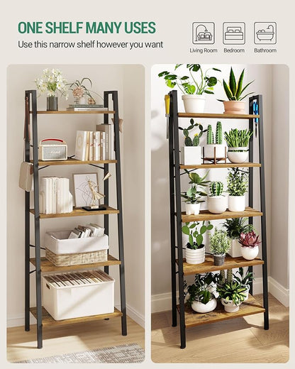 Ladder Shelf, Bookshelf Bookcase, Freestanding Corner Storage Shelve with 2 Hooks for Home Office, Living Room, Kitchen, Bedroom, Industrial, 11.8" D x 23.6" W x 63" H, Rustic Brown BC19301B