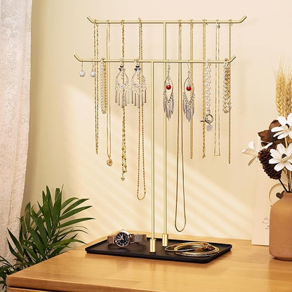 bussdis Necklace Holder Jewelry Stand Organizer for Necklaces and Bracelets, Metal Display Stand, Gift for Women, Ideal for Home, Bedroom, or Vanity, Gold and Black