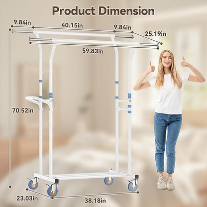 Heavy Duty Clothes Rack for Hanging Clothing: 800LBS Rolling Coat Racks Poartable Garment with Wheels Shelves Freestanding Sturdy Metal Adjustable Extendable Bedroom Laundry Living Room