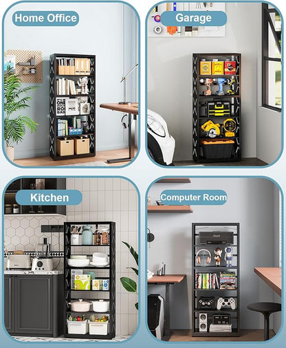 METALOONG 5-Cube Bookshelf, All Steel Bookcase with Adjustable Shelves & Anti-Tip Kit for Home Office, Hallway, and Garage, Modern Tall Display Shelves, Heavy-Duty Storage Organizer (Black)