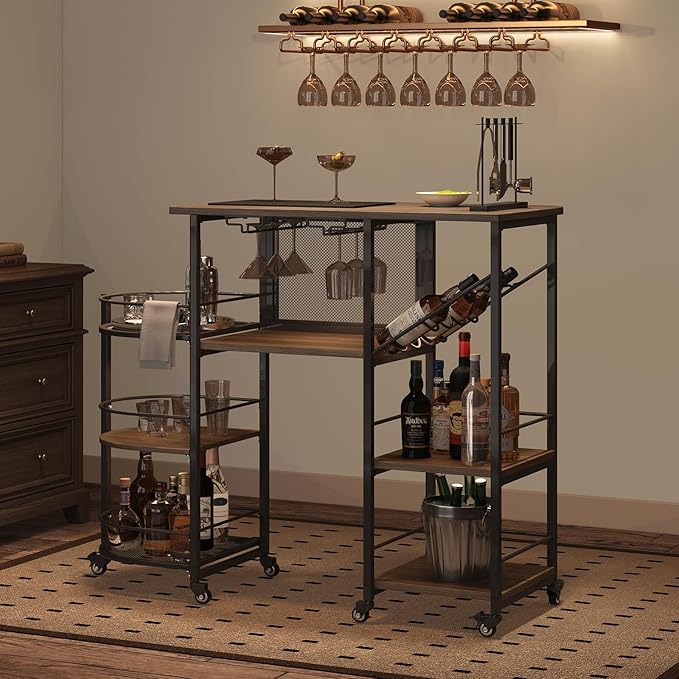 Bar Cart, Home Bar Service Cart with Wine Rack and Glass Holder, Kitchen Cart with Rolling Wheels, Metal Bar Rack with 7 Tiers Storage for Home, Kitchen, Living Room, Dining Room (Brown)