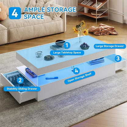 47” High-Glossy LED Coffee Table with 2 Sliding Drawers, Living Room Storage Coffee Tables, Modern Stylish Double-Layer Center Tables with LED Lights, White