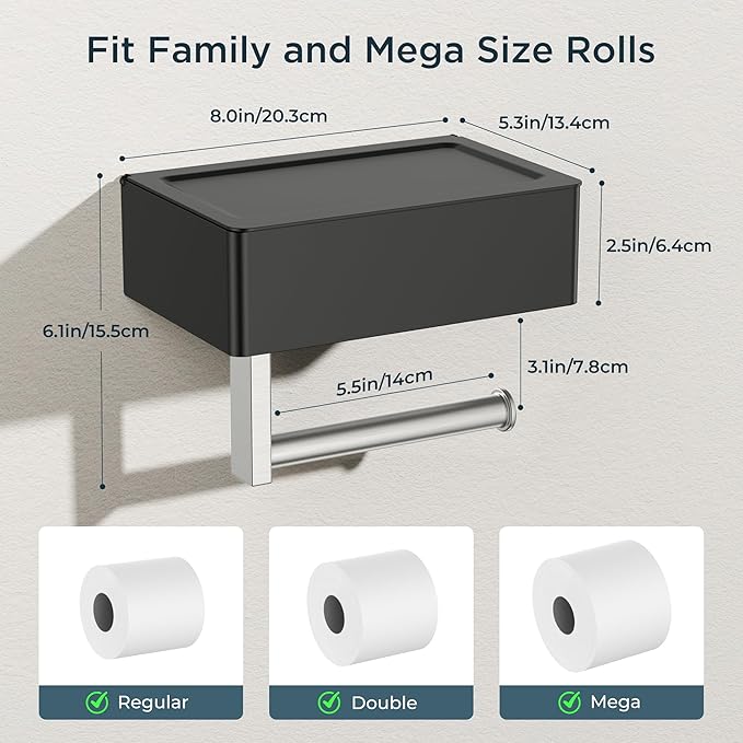 FORIOUS Toilet Paper Holder with Shelf, Sanitary Napkin Receptacle Tampon Holder, Wall Mount Toilet Paper Holder with Storage, Flushable Wipes Dispenser Fits for Bathroom Commercial Black & Nickel