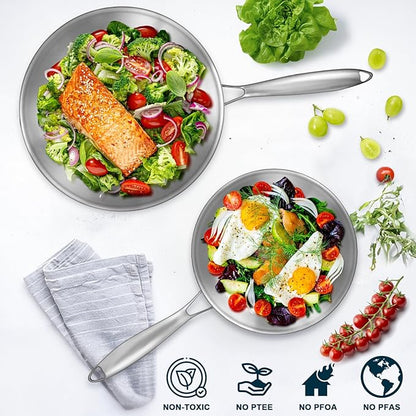 Tri-Ply Stainless Steel Frying Pans Set with Lid, EWFEN 8”/10”/12” Cooking pans, PFOA&PTFE Free Skillet, Induction Cooking Pan, Dishwasher and Oven Safe, Fast & Even Heat, Suitable for All Stove