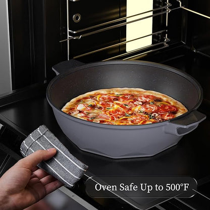 TIBORANG Nonstick Frying Pan, 5 Quart Large Wok, Deep Skillet With Lid, Stay-Cool Handle, Steamed Grid, PFOA-Free, Dishwasher & Oven Safe, Works With All Stovetops (Charcoal)