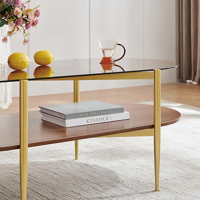 Oval Glass Coffee Table, Mid-Century Modern Design, L42*W22*H17 inch, for Living Room, Amber Glass Top and Walnut Finish Wood Shelf, Conical Metal Legs with Gold Finish