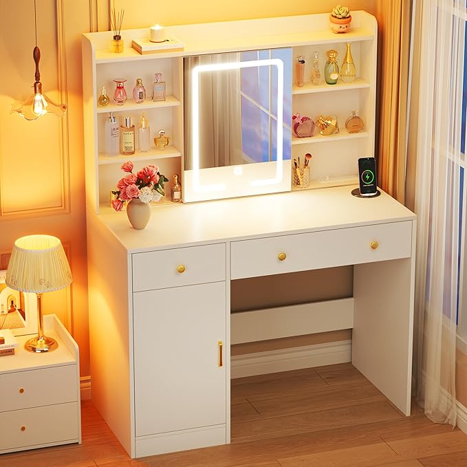 37.4" Vanity Desk with Mirror and Lights, Makeup Vanity with LED Sliding Mirror, 3-Color Lights, USB/Type-C Charging, White Vanity Desk with Storage Cabinet, 2 Drawers & 6 Shelves for Bedroom