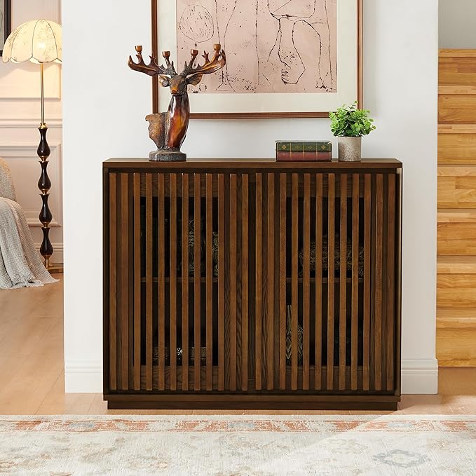 LKTART Buffet Cabinet Sideboard with Storage, Mid Century Modern Accent Credenza Cabinet with Doors & Shelves, Wood Coffee Bar Console Table for Dining Room,Kitchen,Entryway-Walnut