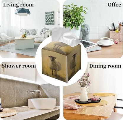 Grace Yonks Cute Sheep Tissue Box Cover Square, Farmhouse Cube Case for Facial Tissues, 5.2" PU Leather(069)