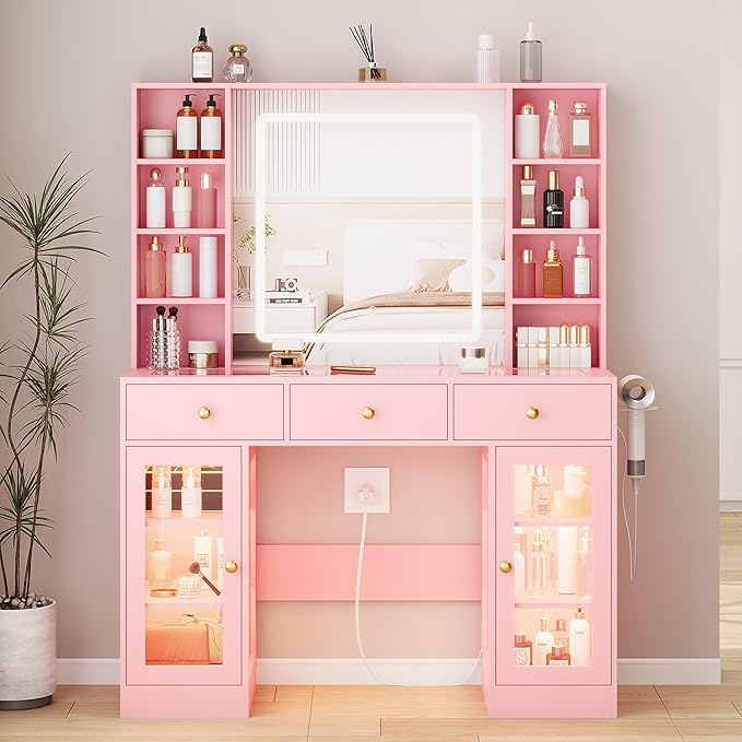 Pink Vanity Desk with Mirror and Lights, 43.4" Makeup Vanity Table Set with Lighted Mirror & RGB Glass Cabinet, 3 Drawers, Glass Top Dressing Table with Large Shelves for Girls, 3 Color Modes